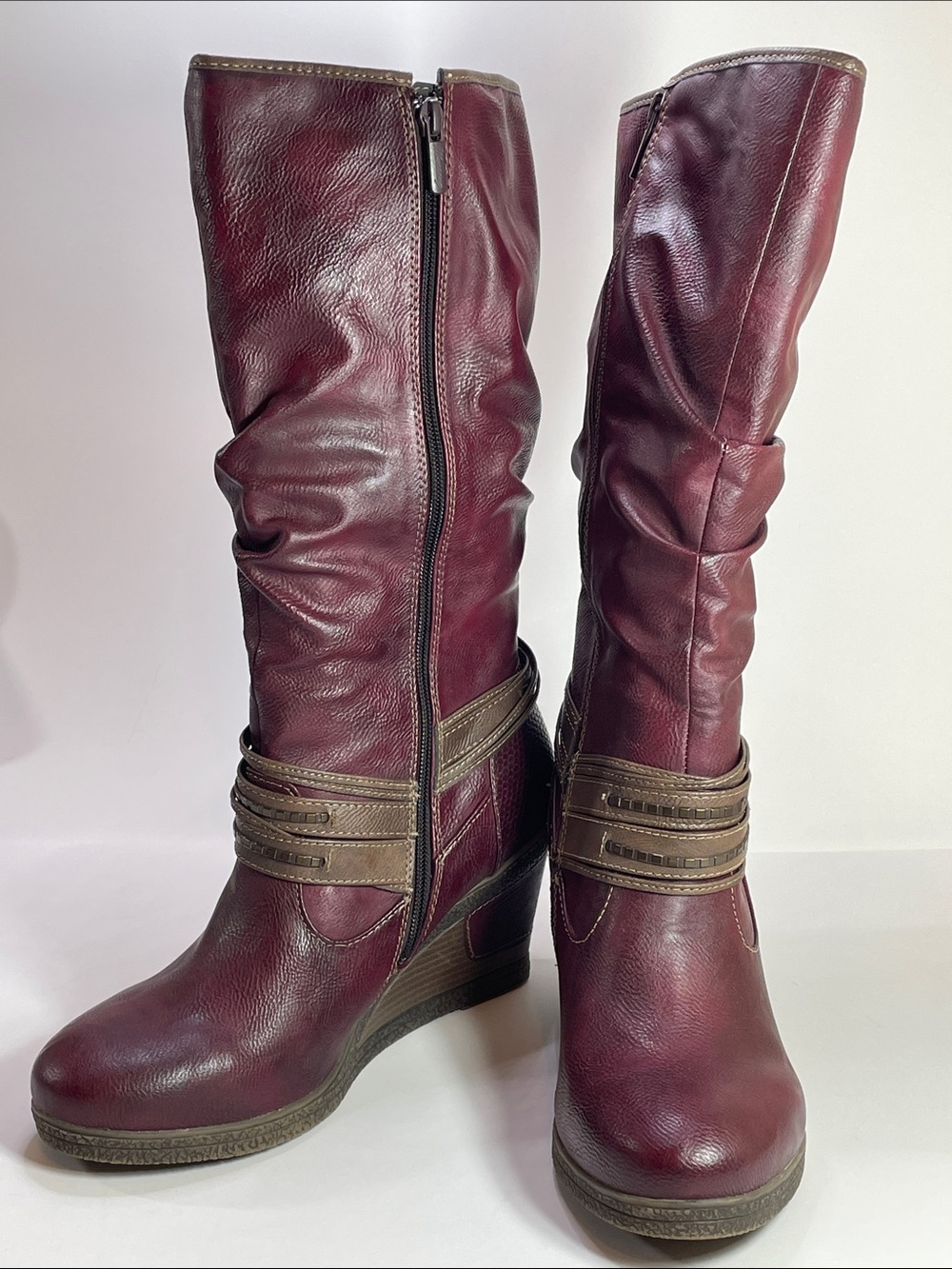 Mustang Tall Burgundy Wedge Boots with Strap Detail Size42